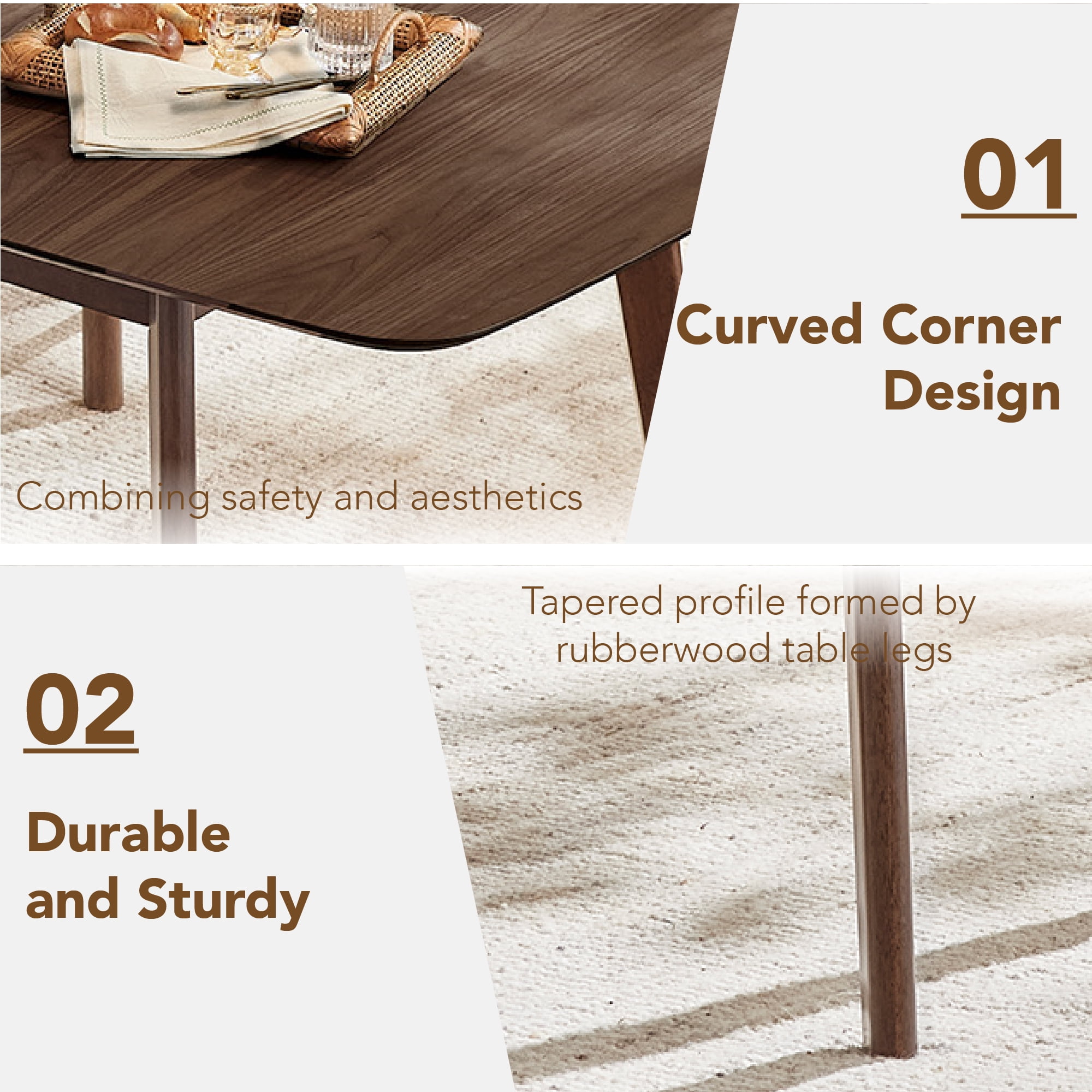Spruce & Spring Modern Extendable Dining Table Set with Solid Rubberwood Tapered Legs, Scratch-Resistant Walnut/Oak Veneer Space-Saving Kitchen Table with Child-Safe Rounded Corners,Walnut