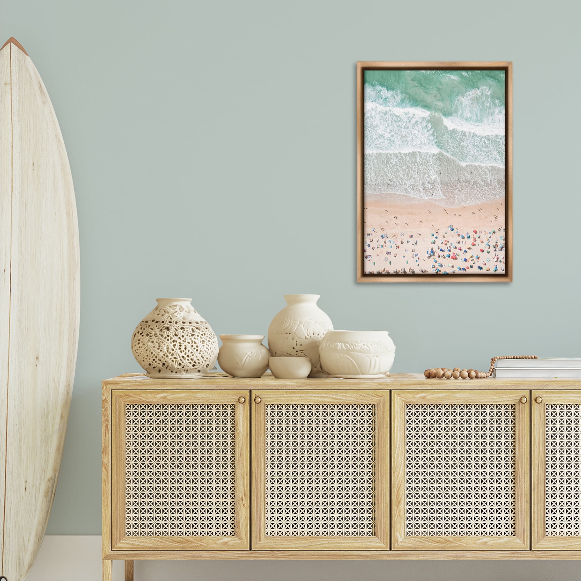 Stupell Industries Aerial Beachgoers View Nautical & Beach Painting Brown Floater Framed Canvas Art Print Wall Art, 21 x 31