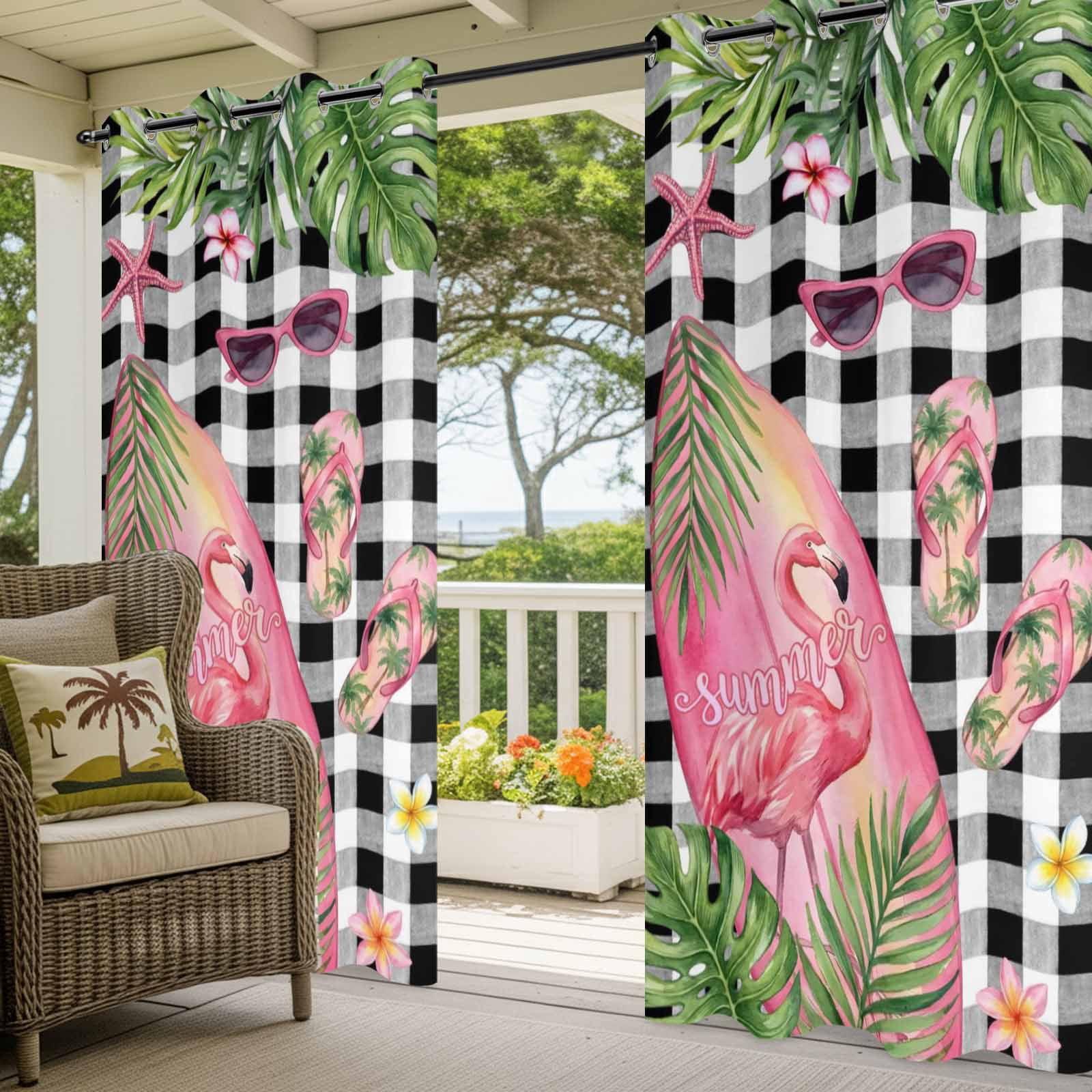 Summer Ocean Pink Surfboard Outdoor Curtains for Patio, Beach Slippers Flower Palm Leaf Black Plaid Sunshade Privacy Drapes Grommet Waterproof Outside Curtains for Porch Balcony 54"x108", 1 Panel