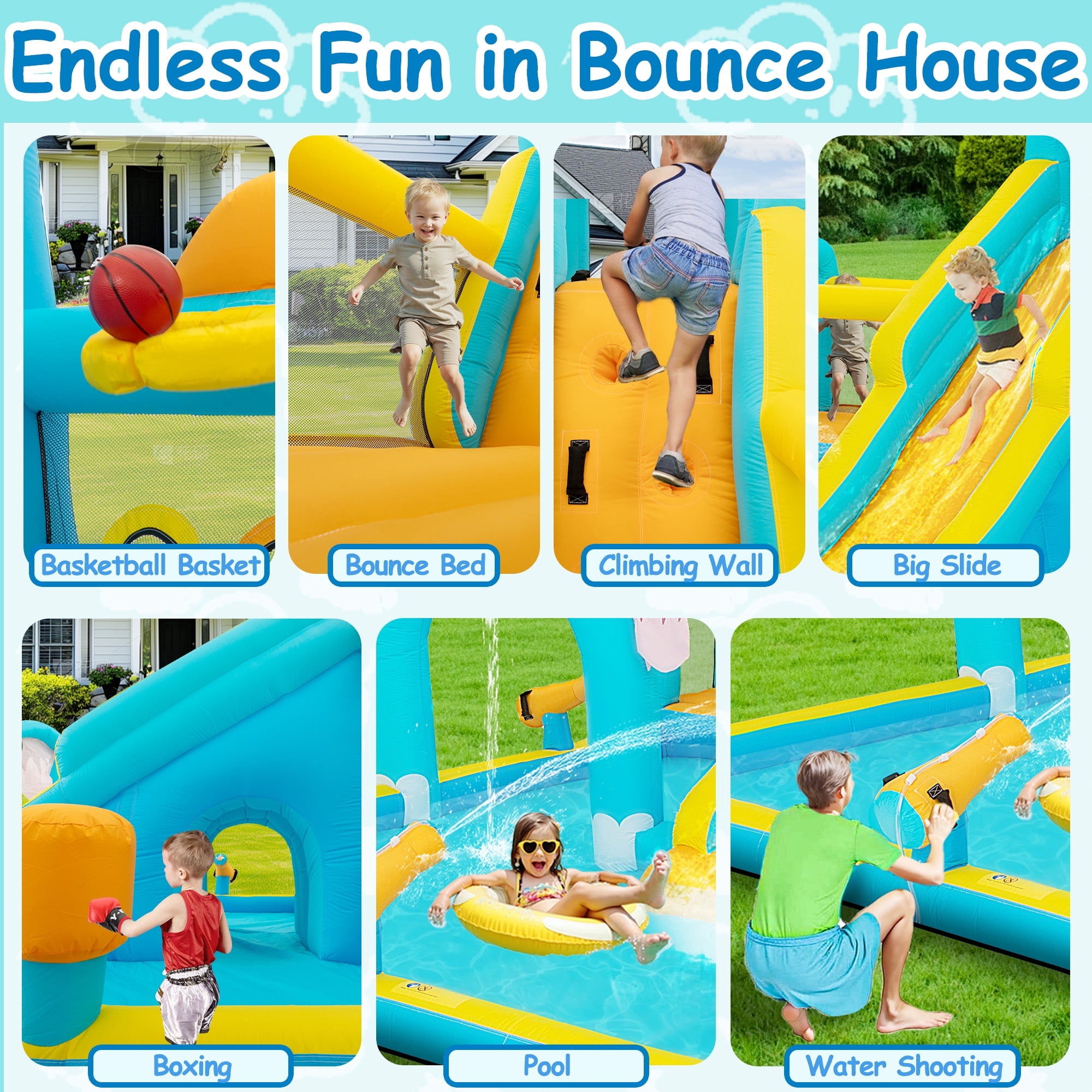 Eclife Elephant Theme Outdoor Inflatable Water Slides Bounce House for Kids 8-12 Years with Splash Pool, Climbing Wall, Air Blower, 1-Count