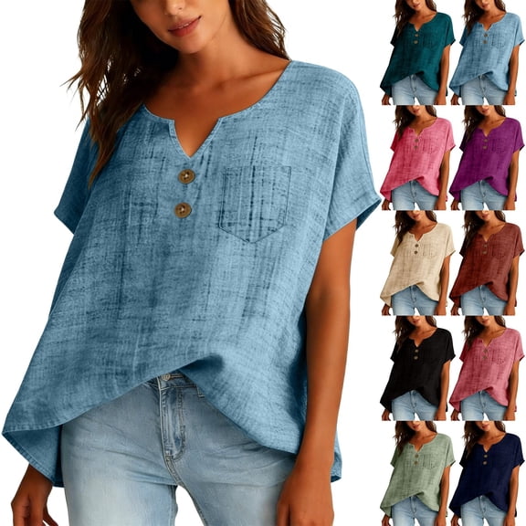 Womens Shirts Short Sleeve Kelon Womens Summer Short Sleeve V Neck Linen Cotton Summer Outfits 2026 Fashion Clothing Blouses, 5XL