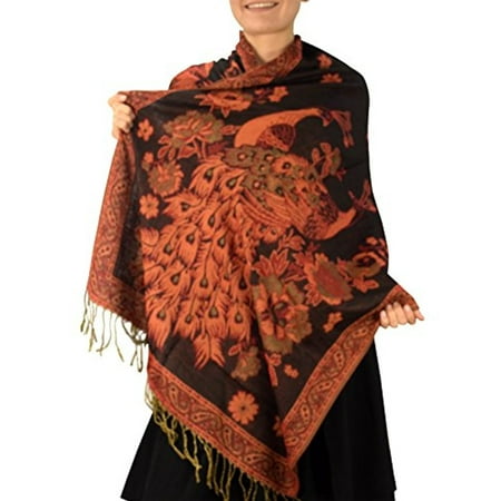 Layer Scarf - Peach Couture Floral Peacock Reversible Shimmer Layered Pashmina Wrap Shawl Scarf Black
