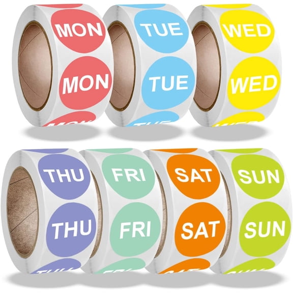 7 Rolls Day of the Week Stickers, 1 Inch 7 Day Round Color-Coded Date Labels for Food Rotation, Meal Prep & Storage Containers, 500 Pieces Per Roll