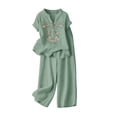 thumbnail image 7 of WULMLEO Women Floral Embroidery Notch Neck Sets Short Sleeve Linen Blend Top Wide Leg Cropped Pants 2 Piece Summer Casual Outfits Light Green 3XL, 7 of 7