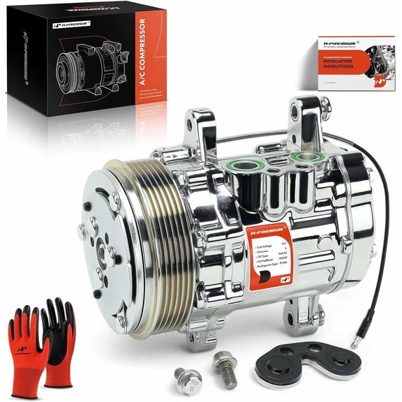 A-Premium Fit for Sanden SD-7 Mini 6PK Style, Universal A/C Compressor with Clutch, 6 Groove Serpentine Belt, Chrome Plated Aluminum Housing