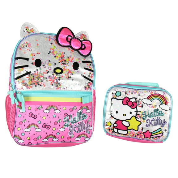 Hello Kitty Glitter 2 Piece School Travel Backpack Set For Girls With Detachable Insulated Lunch Box