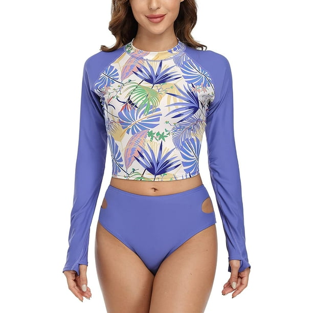 Women Long Sleeve Swimsuit Two Piece Rash Guard UPF 50+ Floral Swimwear