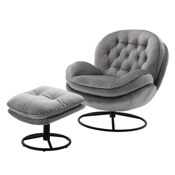 Velvet Swivel Accent Chair with Ottoman, Chaise Lounger Armchair TV Chair Lazy Sofa with Footstool & Metal Legs, Upholstered Lounge Sofa Chair for Living Room, 360 Degree Swiveling, Gray