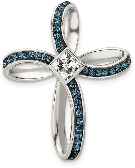 29mm x 24mm Solid 925 Sterling Silver Blue/White Crystal Cross Slide Pendant Charm 