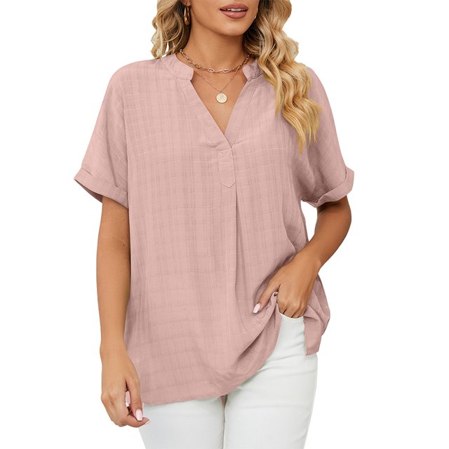 FJUCHAI Womens Shirts V Neck Short Sleeve Buttons Tops Tee Solid Color Blouse Loose Fit S-XXL