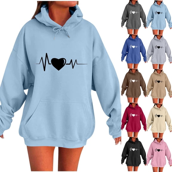 Goodtrade8 Women's Sweatshirt Hooded Long Sweatshirt Pocket Long Sleeve Heart Graphic Workout Women Hoodies Tops