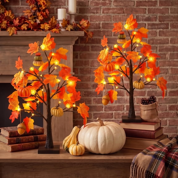 Leyaron Fall Decorations for Home, 2 Pack 24" 48 LED Artificial Fall Lighted Maple Tree with Pumpkins for Indoor Outdoor Party Thanksgiving Autumn Table Decor