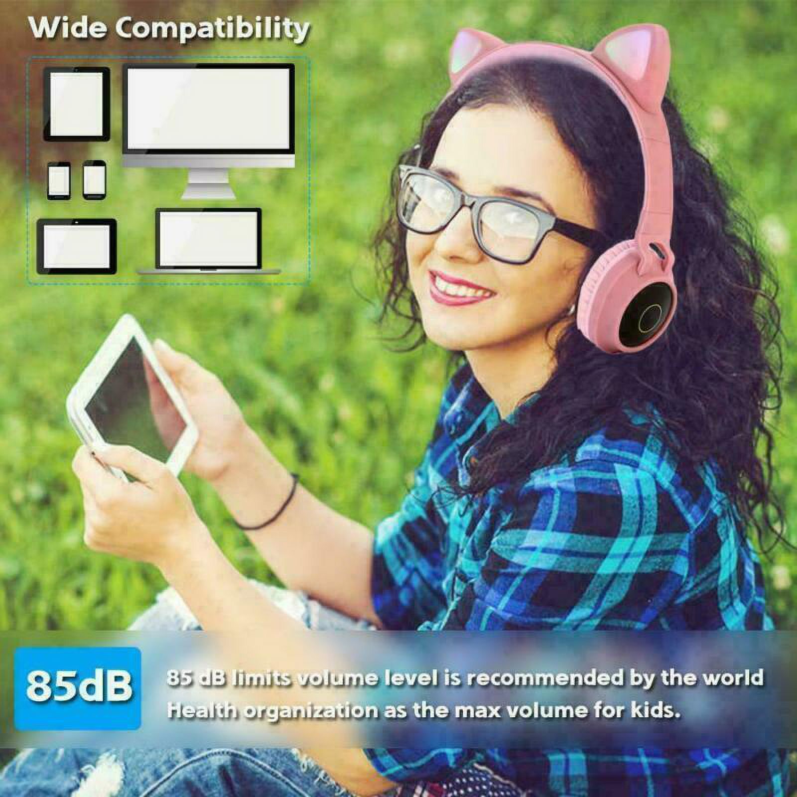 Kids Bluetooth 5.0 Cat Ear Headphones Foldable On-Ear Stereo Wireless Headset with Mic LED Light and Volume Control Support FM Radio/TF Card/Aux in Compatible with Smartphones PC Tablet-Pink - image 3 of 10