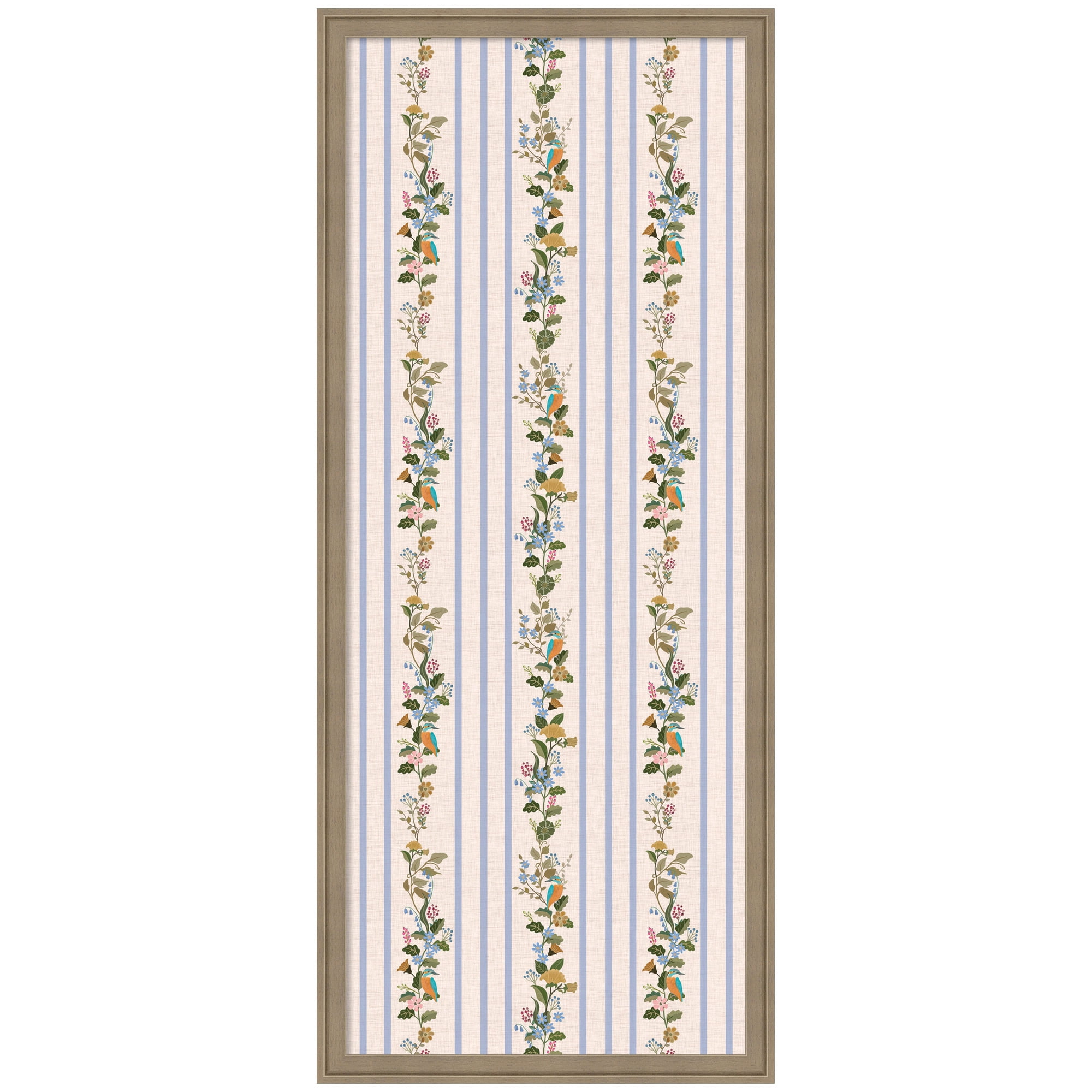 Kate and Laurel Framed Fabric Pinboard 18 x 42, MC Striped Botanical Birds Singing Printed Linen Casual Transitional Bulletin Board for Vision Board or Wall Organization, Florence Light Brown