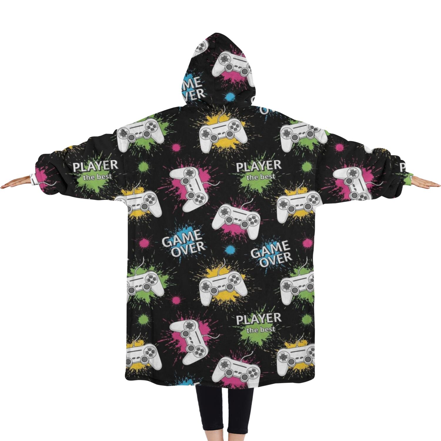 Oversized Wearable Blanket Hoodie,Neon Controllers Games Icons Black Pattern Sherpa Blanket Hoodie with Super Pockets,Super Warm Fuzzy Pullover for Women & Men