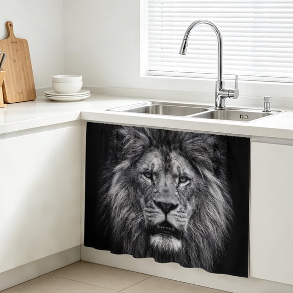 Lion Cabinet Curtains for Kitchen 11"W x 13"L, Modern Minimalist Black White Powerful Wild Animal Lion Head Vanity Cabinet Curtains Magic Tape Short Curtain Decor Privacy Panel for Bathroom Laundry