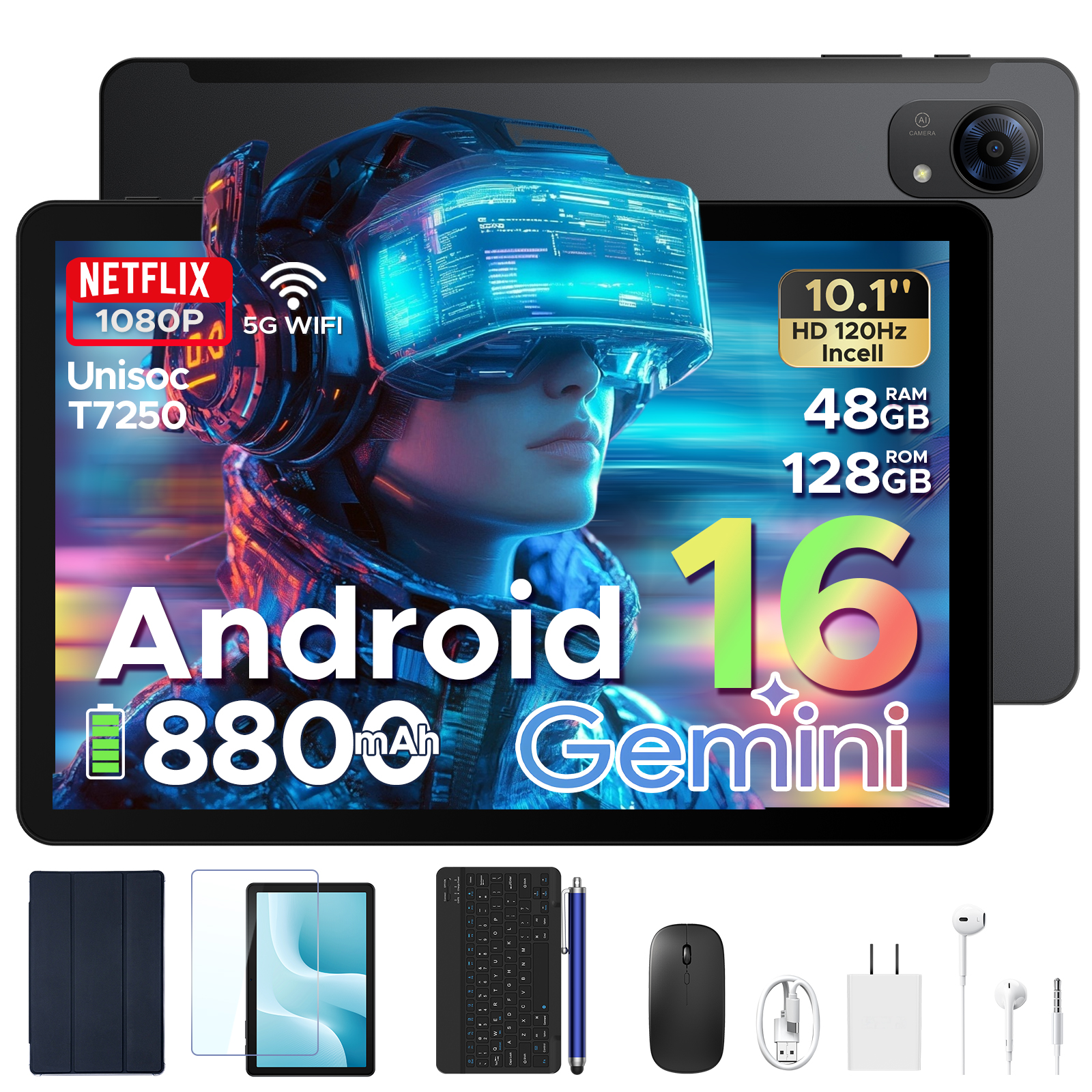 POCKAM P10PRO 10.1 Inch Tablet, Android 16 Tablets with 120Hz Display, 48GB+128GB/2TB, T7250 Octa-Core, 8800mAh, Widevine L1, Gemini AI, 13MP+5MP, 3.5mm Headphone, Tablet with keyboard, Pen