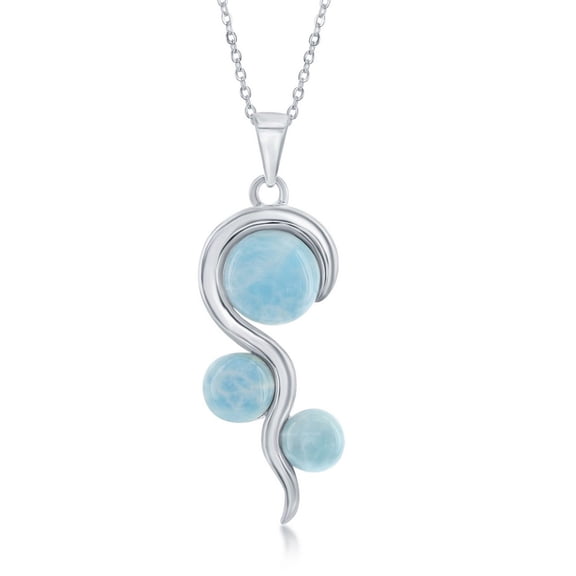 925 Sterling Silver Rhodium Plated High Polished Natural Caribbean Larimar Gemstone Swirl Design 18’’ Pendant Necklace