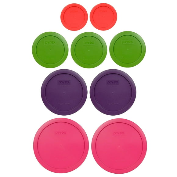 Pyrex 9 Item Bundle: (2) 7402-PC Fuschia Pink Lids (2) 7201-PC Purple Lids (3) 7200-PC Lawn Green Lids (2) 7202-PC Red Lids Made In The USA