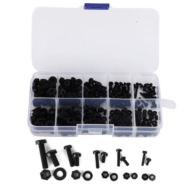 Shiyou-27 0pcs Ensembles de Boulons à Vis, M2/M2.5/M3/M4/M5, Kit d'Assortiment de Rondelles en Nylon, Attaches de Quincaillerie, Boulons Assortis, Vis en Acier Inoxydable avec Étui (Noir)