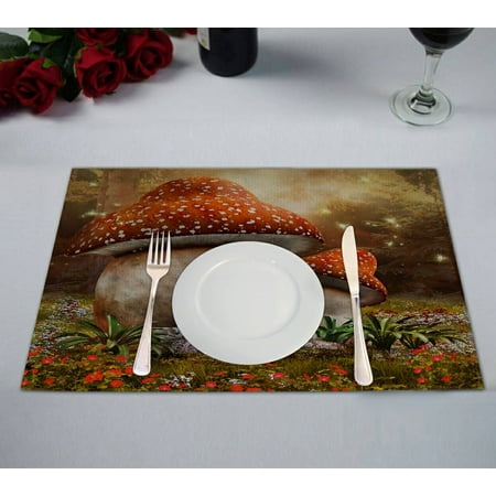 

ECZJNT Fantasy mushroom cottage on a colorful meadow Placemat Table Mat Cup Mat 12x18 inch Set of 2