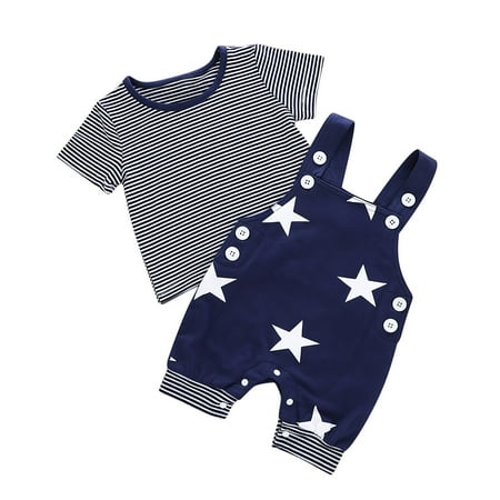 

Summer Savings Clearance! 2023 TUOBARR Set Clothes for Toddler Boys Toddler Kid Baby Boys Summer Striped Tee Star Print Suspenders Suit Blue 74
