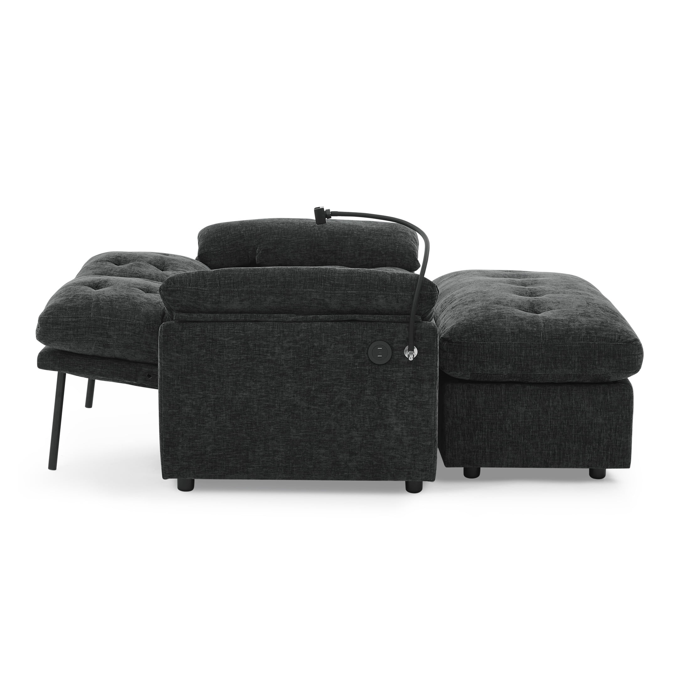 Noble House Wesley Double Sofa Recliner, Adjustable Chenille Fabric Chair with Charging Port and Storage Ottoman, Black