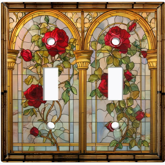 Metal Light Switch Wall Plate Outlet Cover (Printed Image of Stained Glass Rose Flowers - Double Toggle)