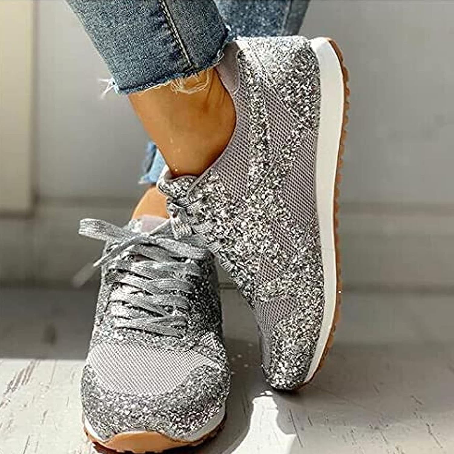 W1412 Women Fashion Sequin Sparkle Lace Up Tennis Sneakers Athletic Shoes  Flats
