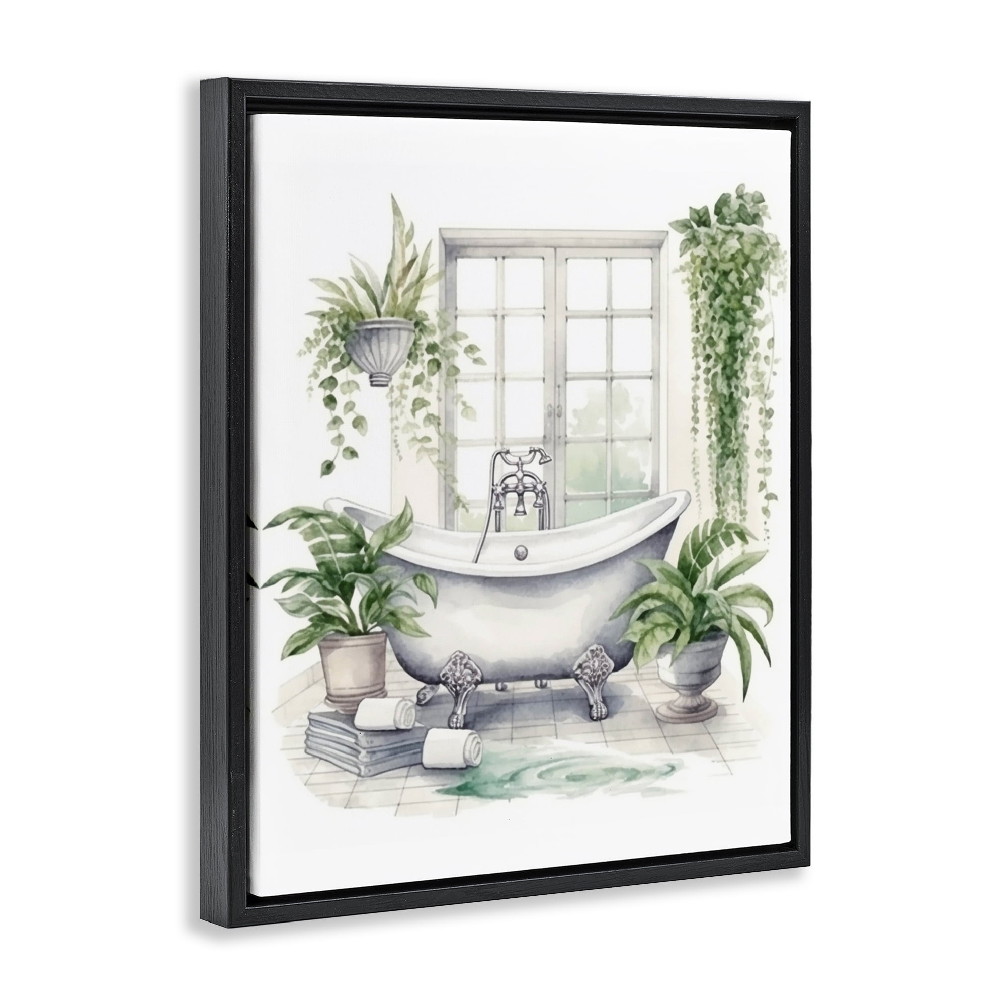Lush Greenery Bathtub & Window Black Framed Floater Canvas Wall Art, design by Lettered and Lined