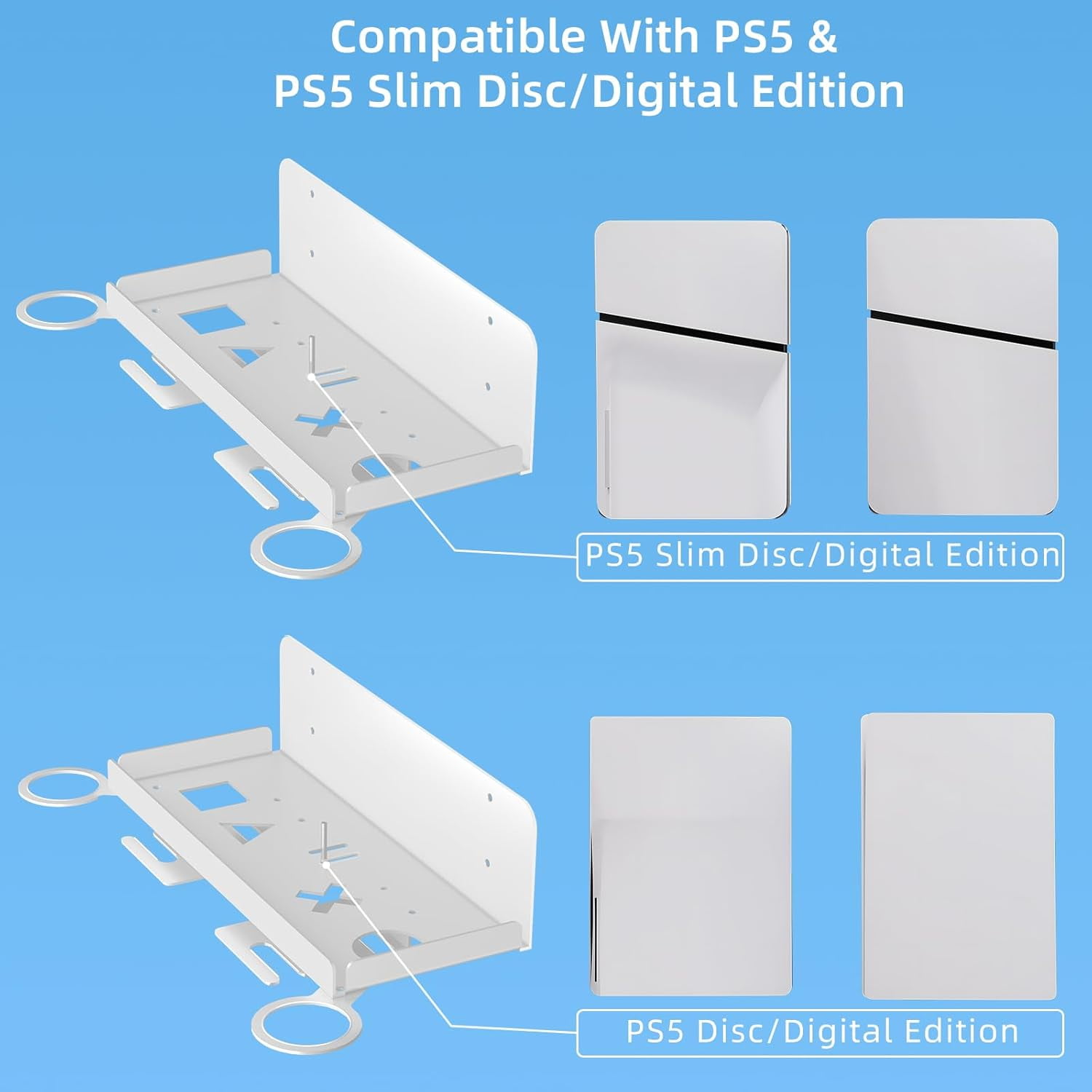 Wall Mount Kit Compatible with PS 5/ PS 5 Slim All Models with Holders for Controller&Headset Storage, Wall Mount Stand for PS Portal Remote Player,White