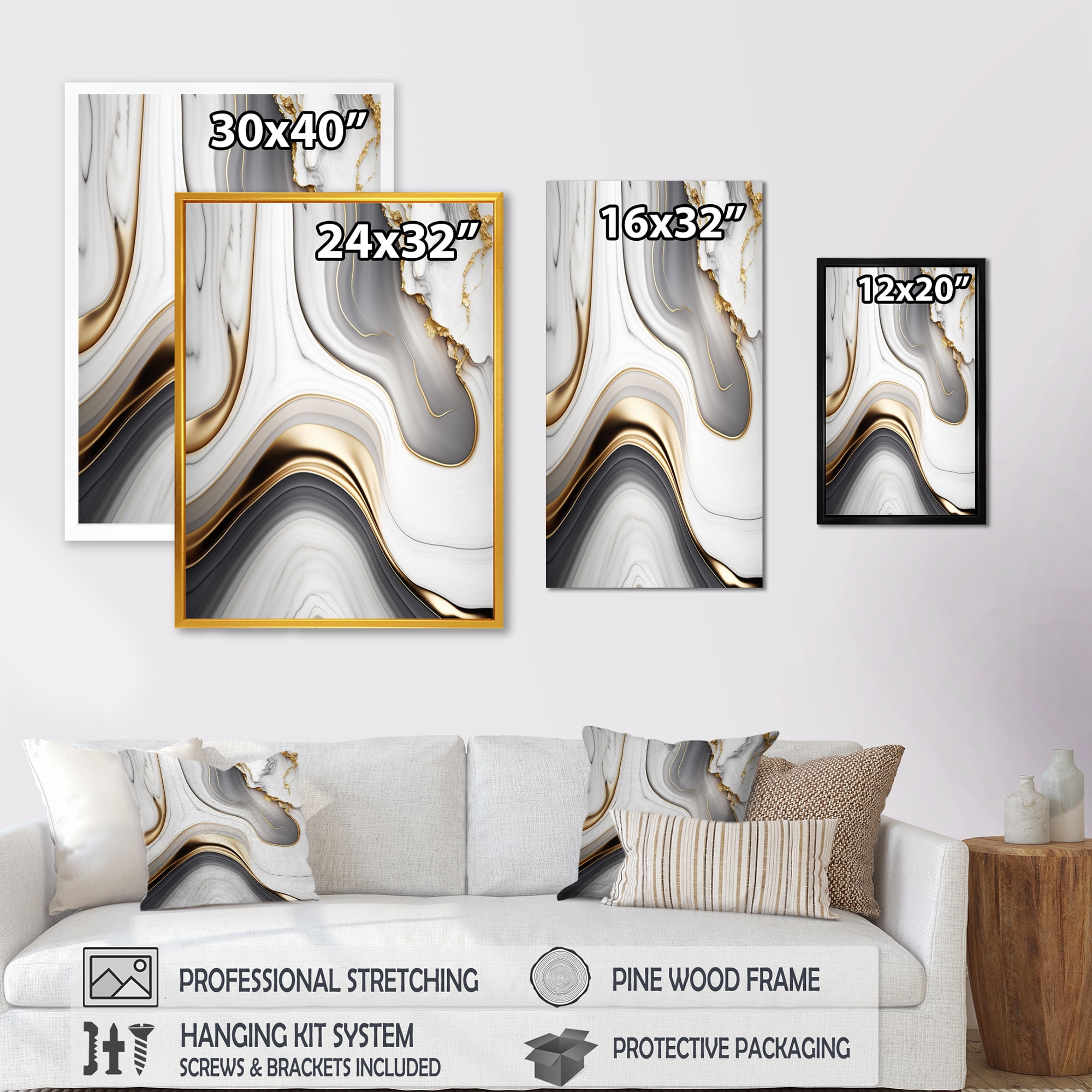 Designart Abstract Geode Marble Waves Grey I Canvas Wall Art
