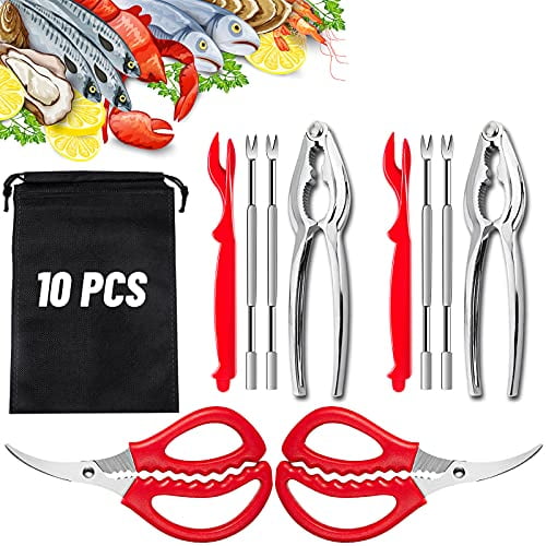 Juego de 10 herramientas para mariscos: tenedores de acero inoxidable para abrir cangrejos, langostas, langostinos, desgranador de patas de cangrejo, tijeras para mariscos.