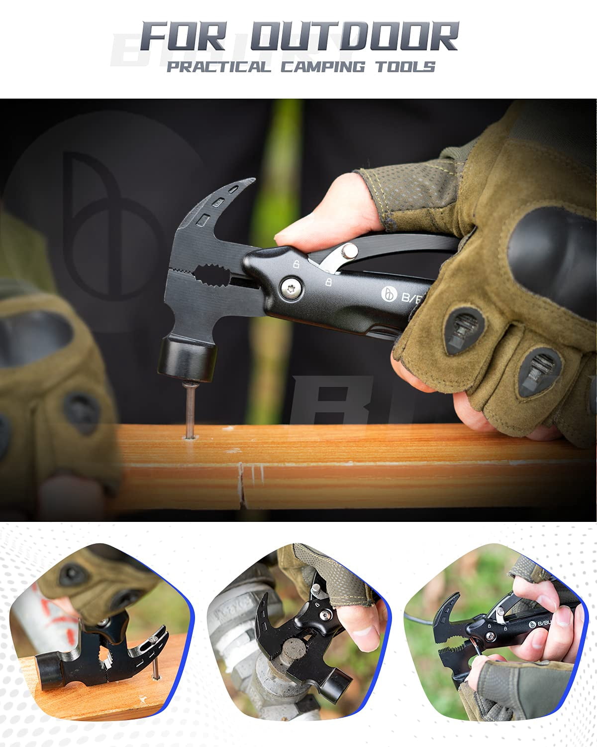 BIBURY 12 in 1Multitool Hammer with Snowflake Tool, Survival Gear Outdoor Multi Tool with Safety Lock, Hammer Multitool for Outdoor, Camping, Hiking,Husband, Boyfriend