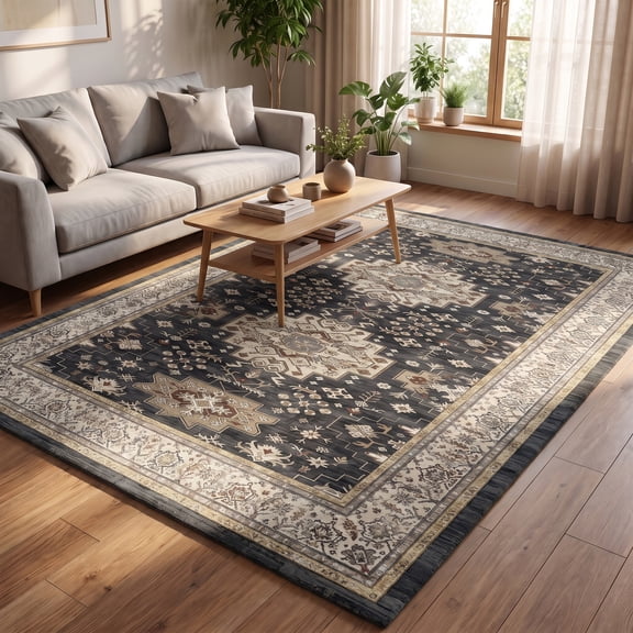 ICEANT 5'x7' Non-Slip Machine Washable Area Rug with Boho Vintage Design, Durable, Black