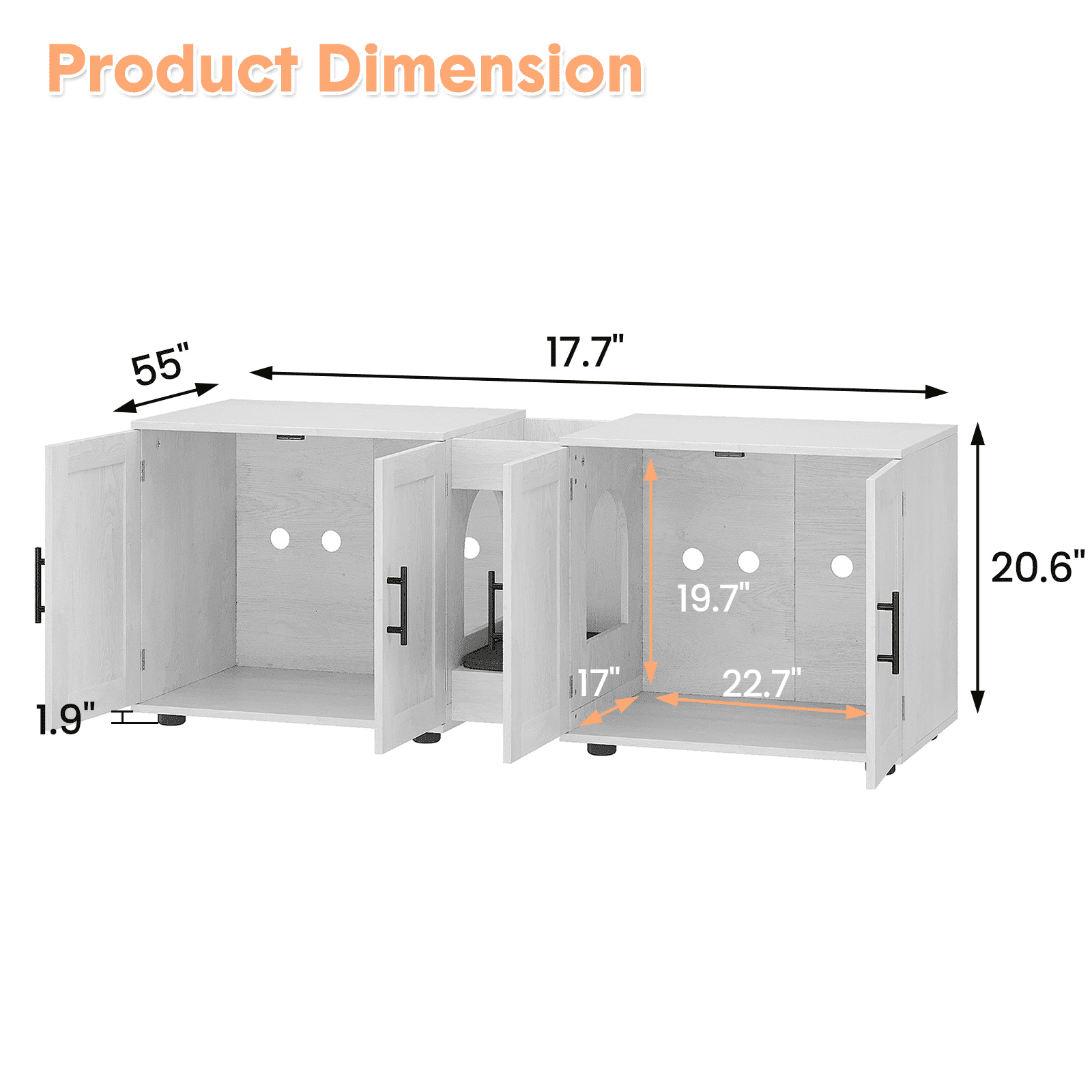 3-in-1Cat Litter Box Enclosure, 55 Inch Large Cat Box Enclosure with Double Rooms, Farmhouse Wooden Cat Washroom, Hidden Litter Box Furniture for Bedroom Living Room