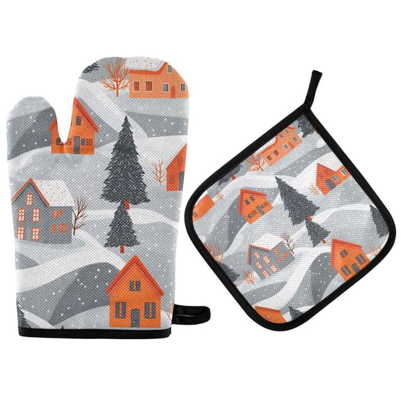 Yayeee Oven Mitts and Pot Holder Set of 2 Heat Resistant Kitchen Gloves Baking Hot Pad, Gray Snow Houses