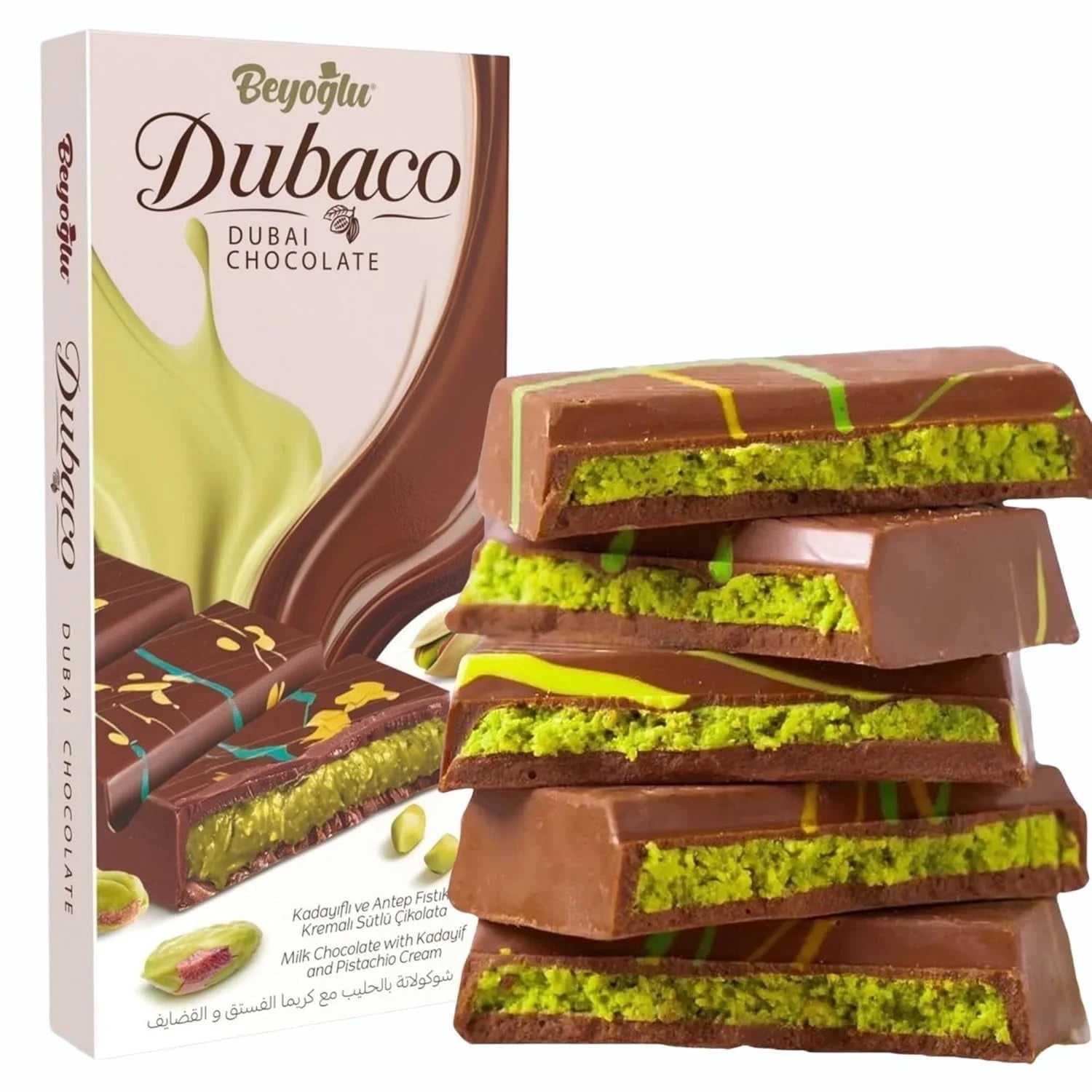 2 Pack - Beyoglu Dubaco Dubai Chocolate Bar Pistachio I Viral Knafeh Chocolate Bar with Pistachio Cream and Kataifi, 3.36 oz (95gr)