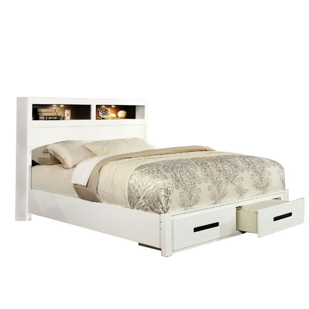 Full Size Wooden Bed with Bookcase Headboard and Bottom Drawers, White