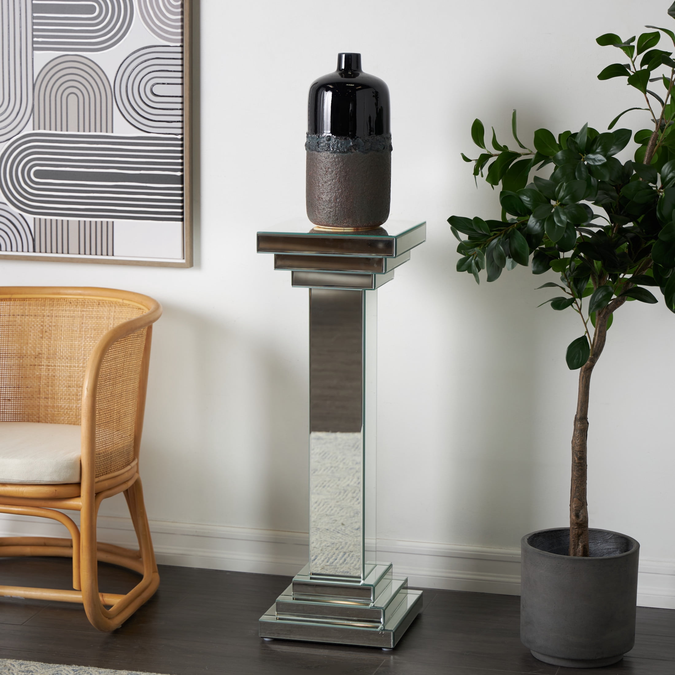 DecMode 12" x 36" Silver Glass Mirrored Pedestal Table, 1-Piece