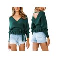 thumbnail image 3 of Txlixc Prendas de Punto de Estilo Suelto para Mujer, Jersey de Dobladillo con Volantes de Manga Larga con Cuello en V Profundo de Color Sólido Txlixc Moda, 3 of 7