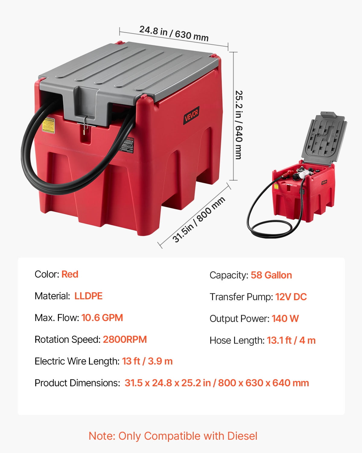 VEVOR Portable Diesel Tank, 58 Gallon Capacity & 10.6 GPM Flow Rate, Gas Fuel Tank with 12V Electric Transfer Pump and 13.1ft Rubber Hose, PE Diesel Transfer Tanks for Easy Fuel Transportation, Red