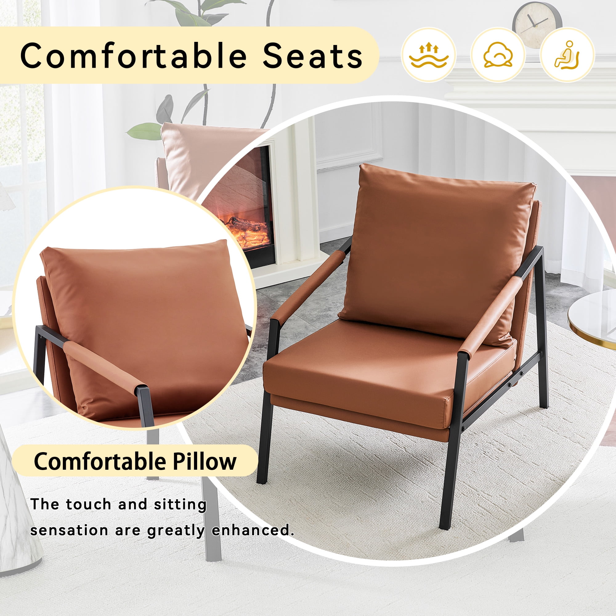 Alvantor Brown Faux Leather Accent Chair with Black Metal Frame and Armrests