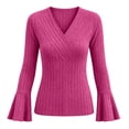 thumbnail image 7 of CQONEPT Womens Ribbed Knit Bell Sleeve Tops Plain Slim Fit V Neck Blouses Dressy Casual Going Out Shirt Tees Daily Wear Work Office Fall Outfits L, 7 of 7