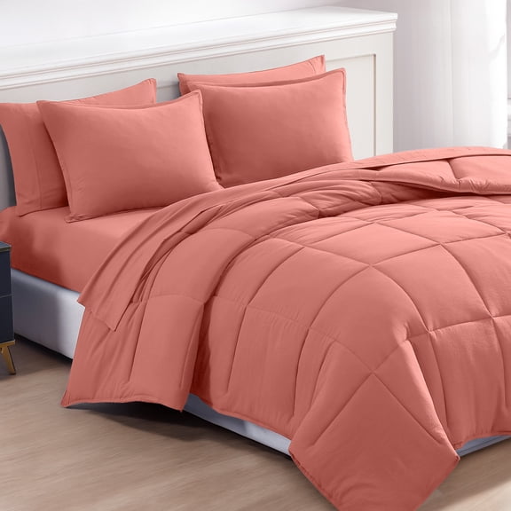Casa Platino Queen Comforter Set Pre-Washed - 7 Piece Bed in a Bag – Soft Brushed Microfiber Queen Comforter Set – Includes Comforter, Flat Sheet, Fitted Sheet, 2 Pillowcases & 2 Shams- Rose Dawn