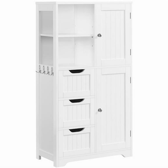 RTRWDC 42" Tall Bathroom Storage Cabinet - with 3 Drawers   2 Cabinets   4 Hooks, Adjustable Shelves, P2 MDF, White, for Bathroom/Living Room/Kitchen/Entryway