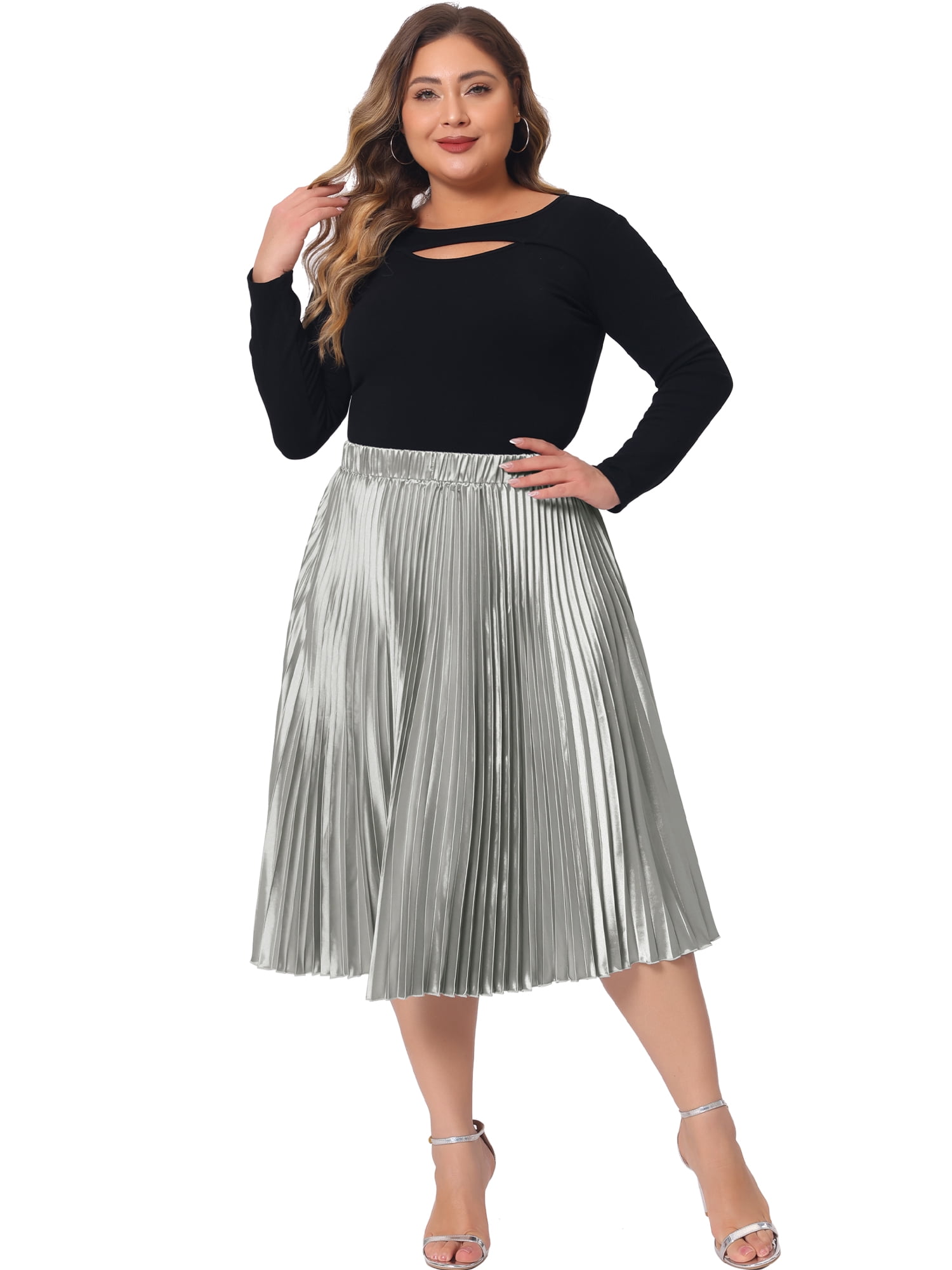 DARING DIVA Women's Plus Size Elastic High Waist Metallic Pleated Skirt 2X Silver