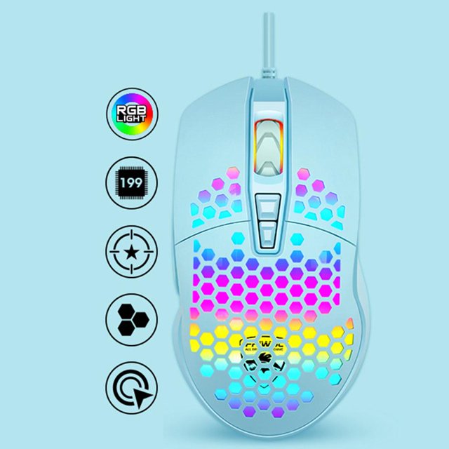 Ratón Ultraligero para Juegos con Diseño de Panal de , 7 Botones, Sensor óptico de 1600 DPI, 6 Efectos de Iluminación - Azul Soledad Ratón USB para juegos con cable