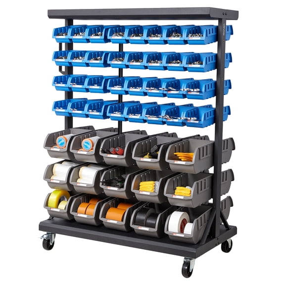 VEVOR 7-Tier Double-Sided Rolling Bin Storage Rack, 94 Plastic Bins, Dual-Sided Parts Organizer with Wheels, Mobile Tool Organizer for Garage, Warehouse, Office, Restaurant, Classroom, Kitchen