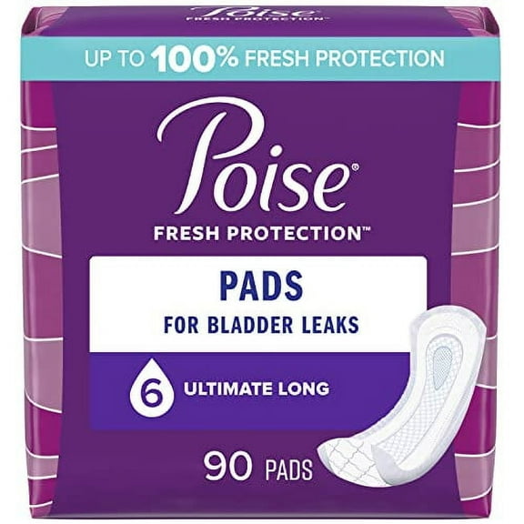 Poise Incontinence Pads & Postpartum Incontinence Pads, 6 Drop Ultimate Absorbency, Long Length, 90 Count, Packaging May Vary